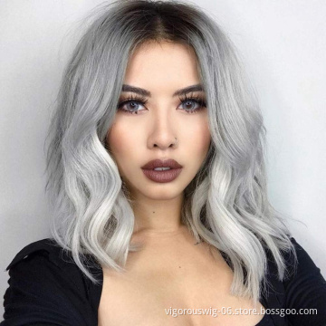 Hot Sale Cheap Short Bob Cosplay Party Curly Ombre Gray For Women Fiber Small Part Lace Front Wig Synthetic Hair